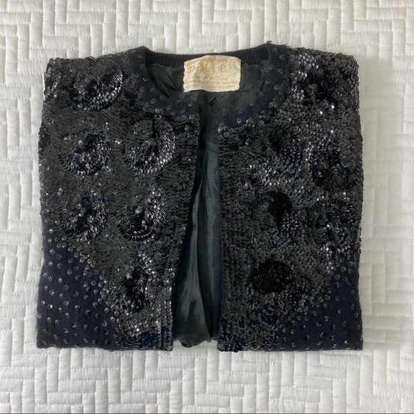 Vintage The May Co rare angora blend black sequined cardigan sweater jacket - Picture 12 of 13